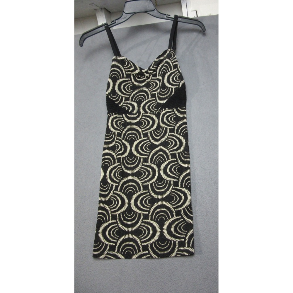Free People Dress Womens Small Black Beige Geometric Swirl Stitch Mini V-Neck